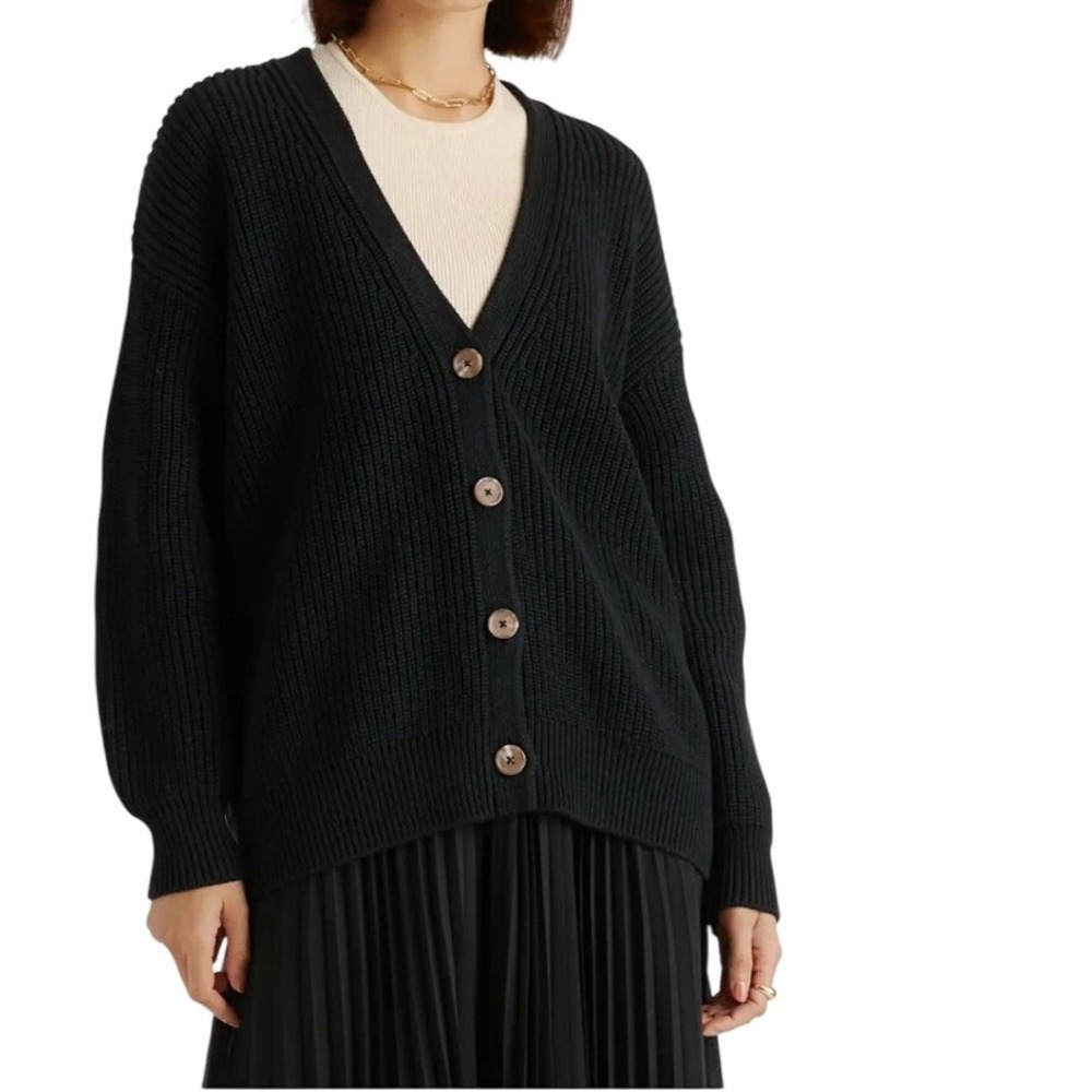 Quince Organic Cotton Cable Knit Oversized Cardigan Womens L Black Sweater VNeck